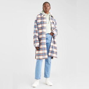 Levi's Selma Plaid Long Flannel Shirt Jacket Wool Blend Blue Cream Size M